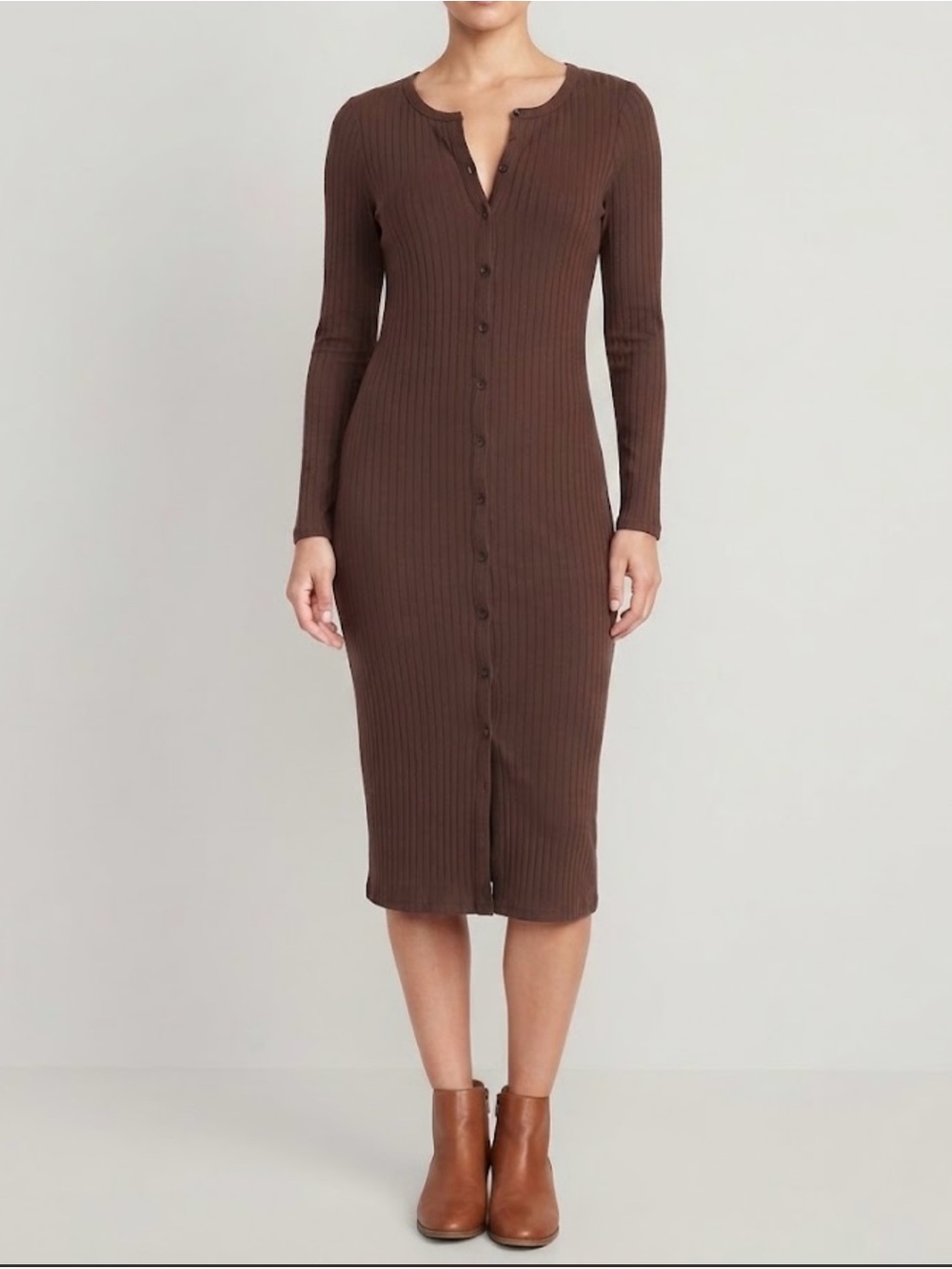 Old Navy Brown Ribbed Button-Front Long Sleeve Midi Dress